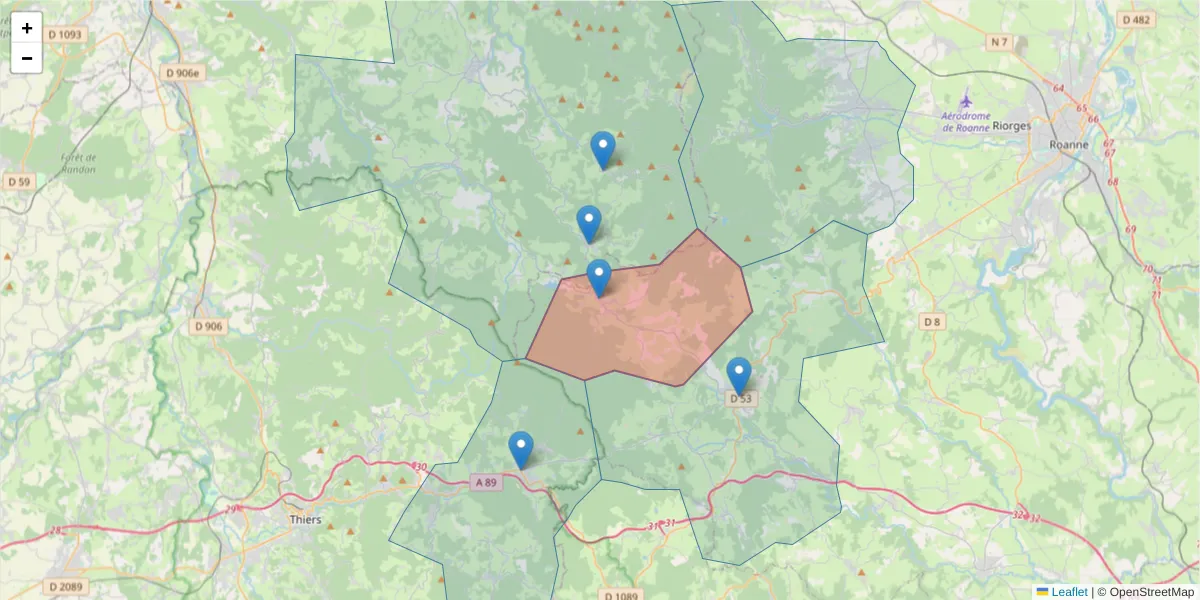 Carte de la zone du code postal  et des codes postaux voisins en France