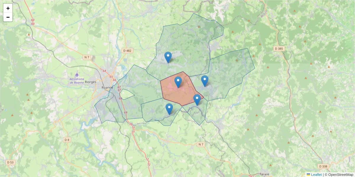 Carte de la zone du code postal  et des codes postaux voisins en France