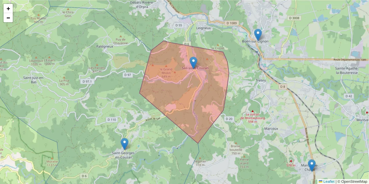 Carte de la zone du code postal  et des codes postaux voisins en France