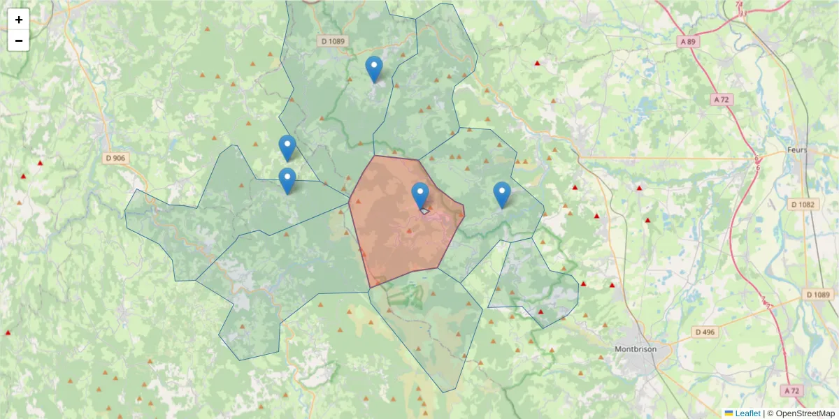 Carte de la zone du code postal  et des codes postaux voisins en France