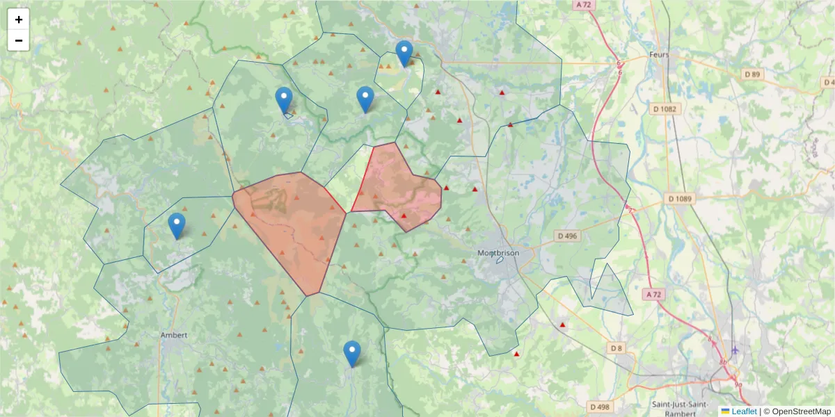 Carte de la zone du code postal  et des codes postaux voisins en France