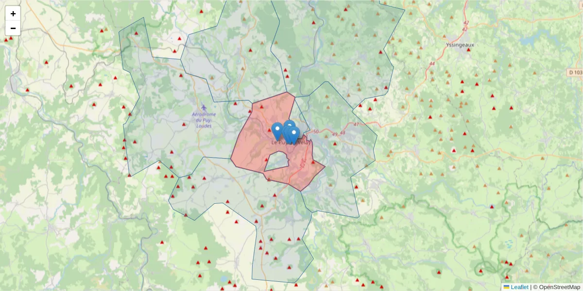 Carte de la zone du code postal  et des codes postaux voisins en France