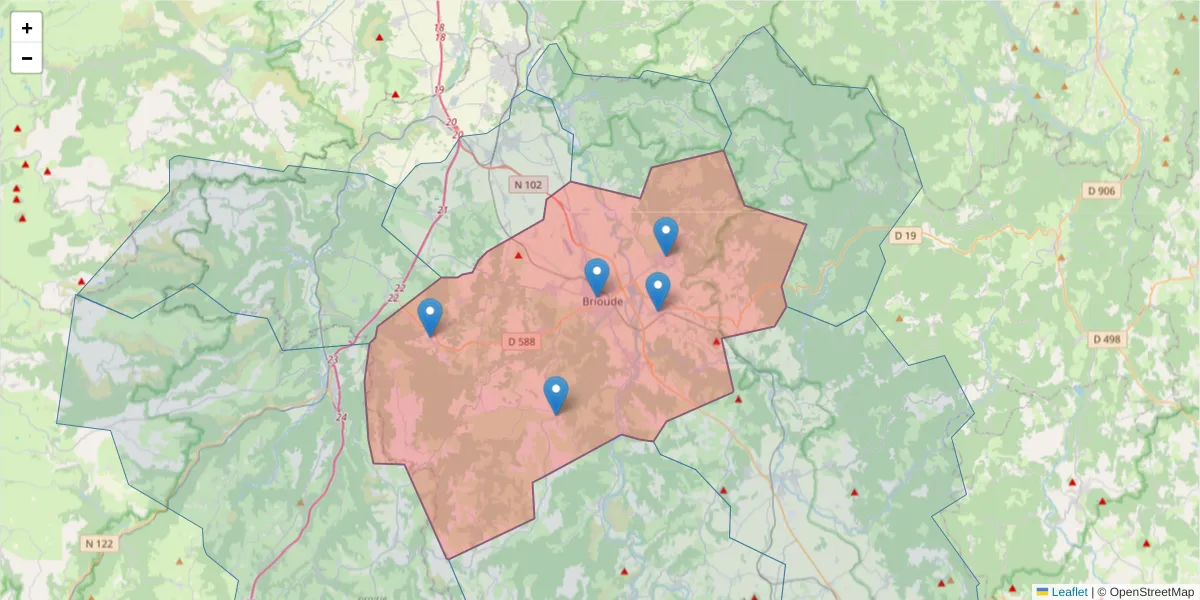 Carte de la zone du code postal  et des codes postaux voisins en France