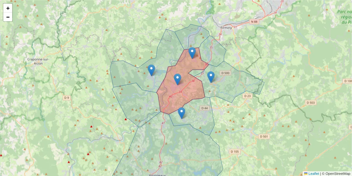 Carte de la zone du code postal  et des codes postaux voisins en France