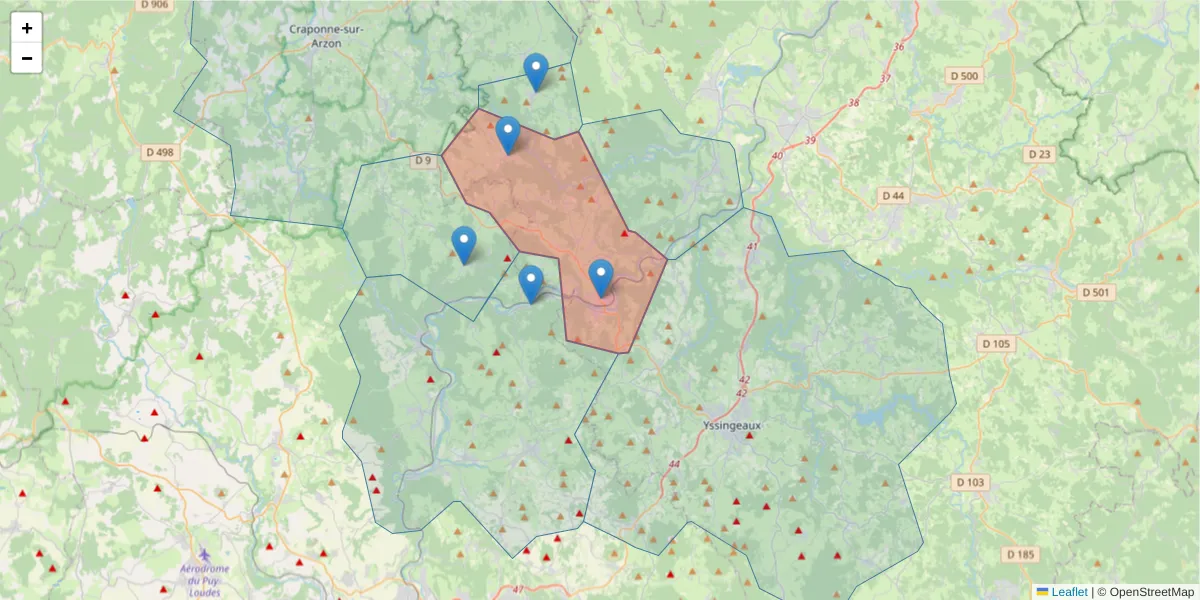 Carte de la zone du code postal  et des codes postaux voisins en France