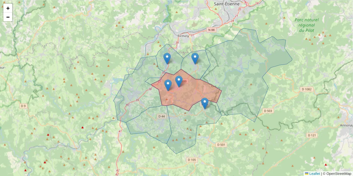 Carte de la zone du code postal  et des codes postaux voisins en France