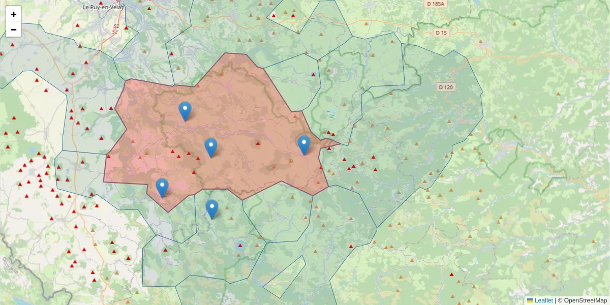 Carte de la zone du code postal  et des codes postaux voisins en France