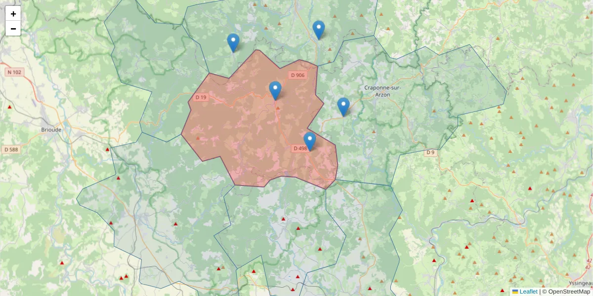 Carte de la zone du code postal  et des codes postaux voisins en France