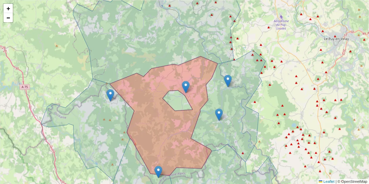 Carte de la zone du code postal  et des codes postaux voisins en France