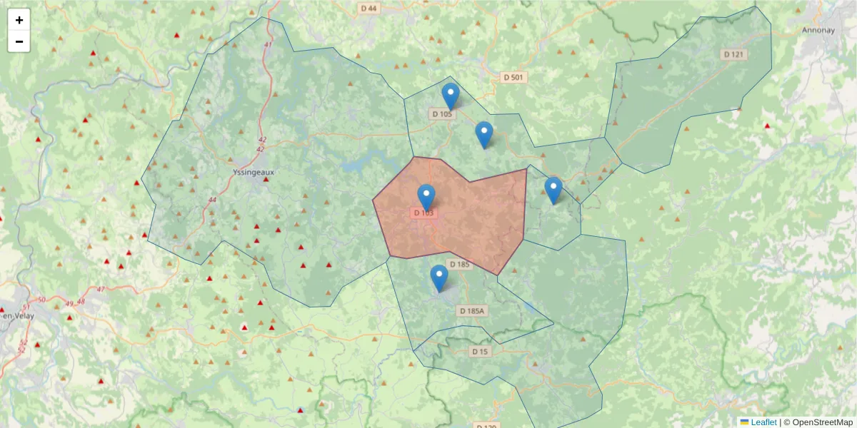 Carte de la zone du code postal  et des codes postaux voisins en France