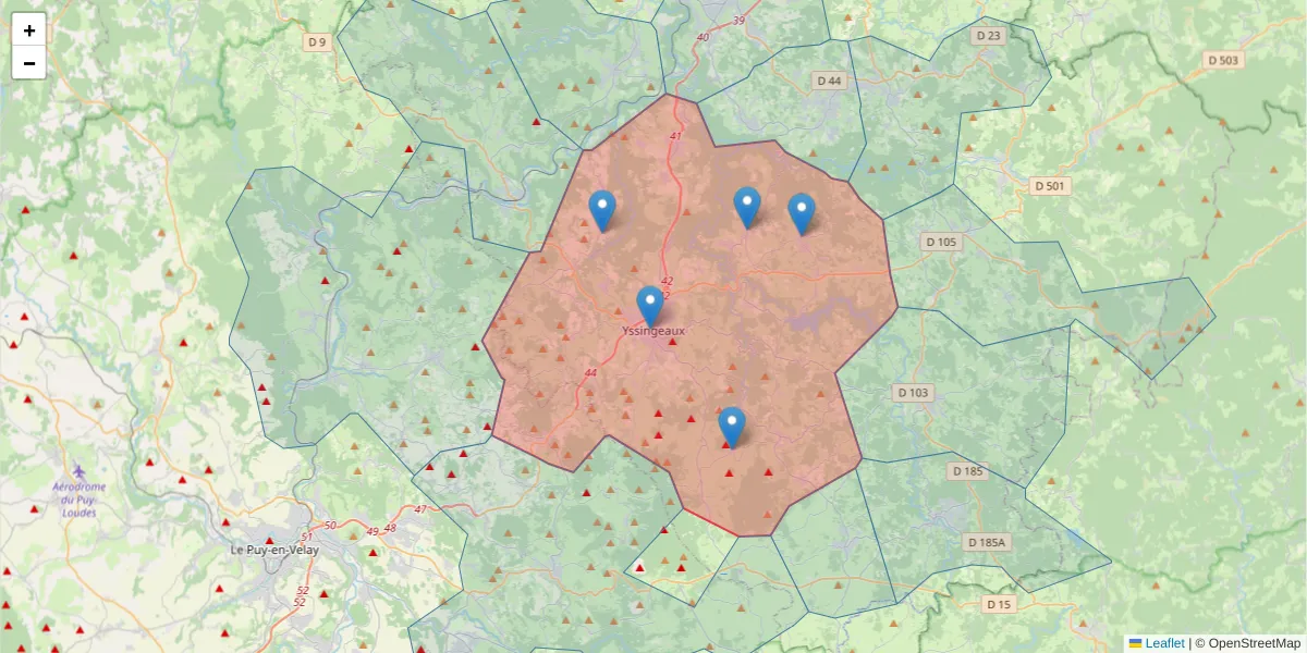 Carte de la zone du code postal  et des codes postaux voisins en France