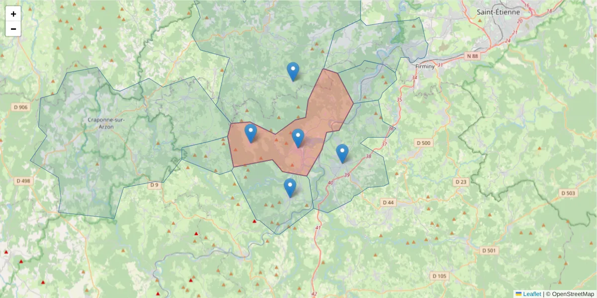Carte de la zone du code postal  et des codes postaux voisins en France