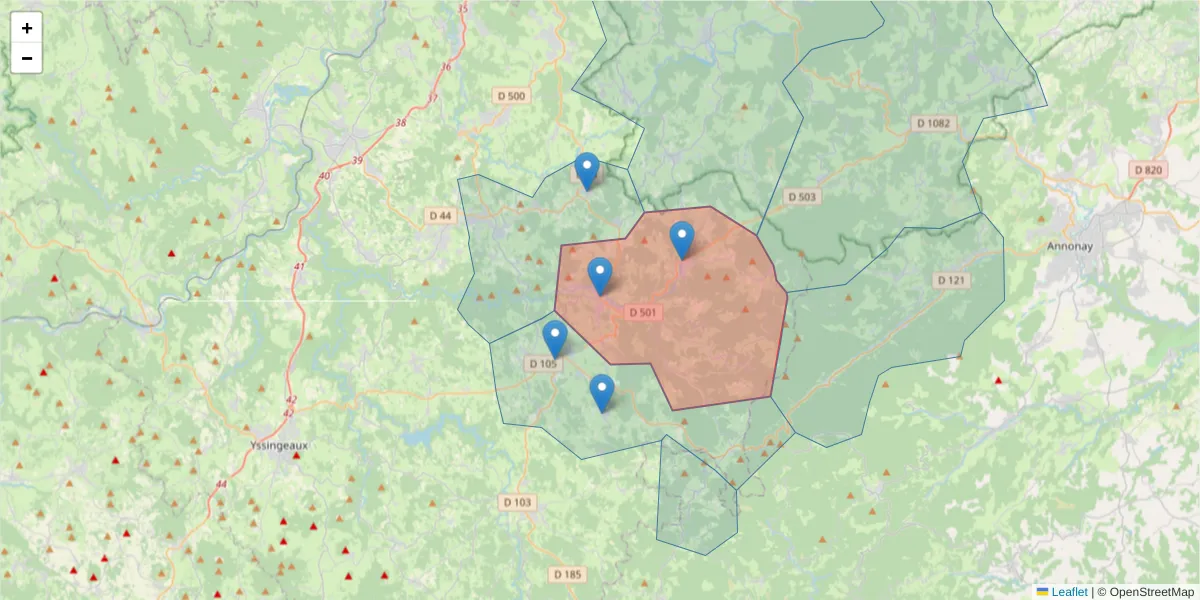 Carte de la zone du code postal  et des codes postaux voisins en France
