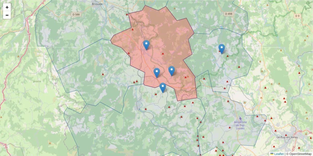 Carte de la zone du code postal  et des codes postaux voisins en France