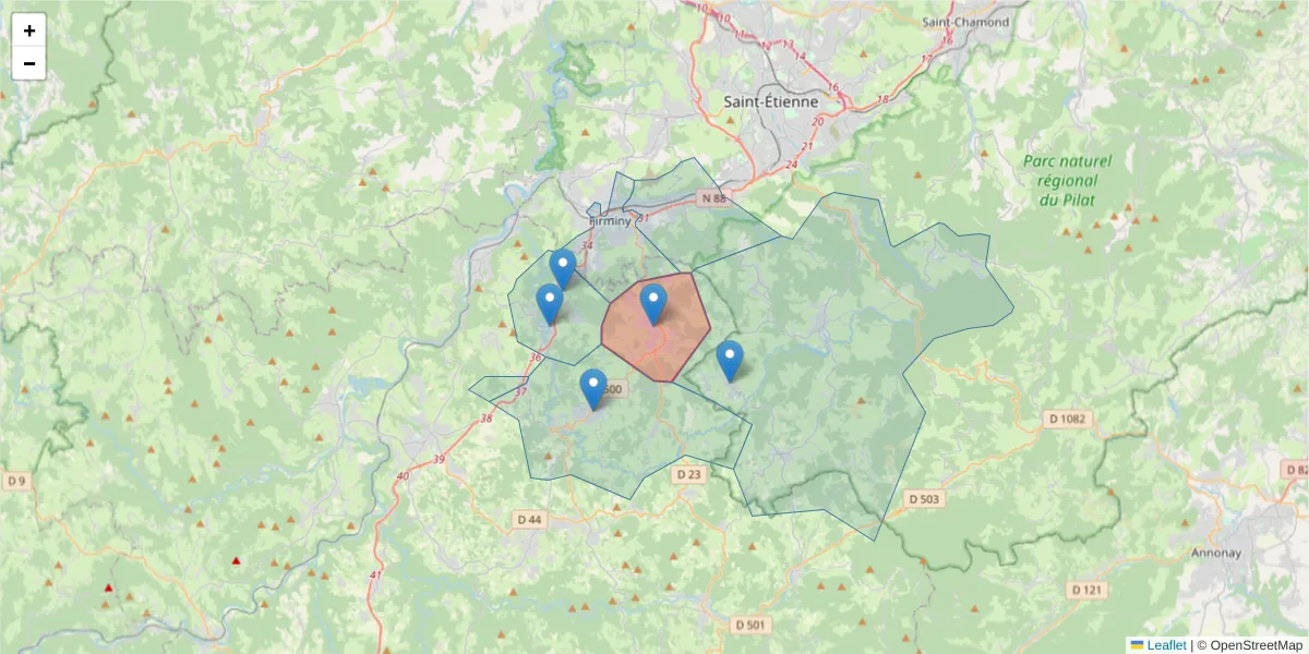 Carte de la zone du code postal  et des codes postaux voisins en France