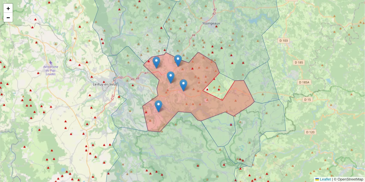 Carte de la zone du code postal  et des codes postaux voisins en France