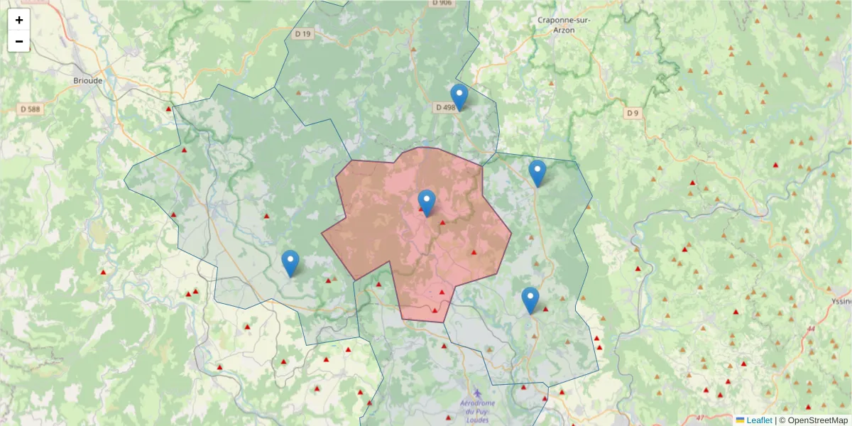 Carte de la zone du code postal  et des codes postaux voisins en France