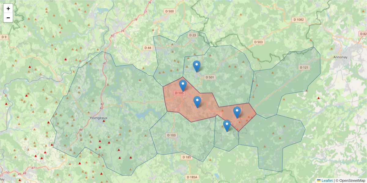 Carte de la zone du code postal  et des codes postaux voisins en France