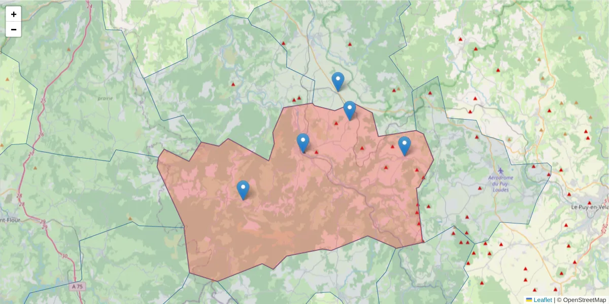 Carte de la zone du code postal  et des codes postaux voisins en France