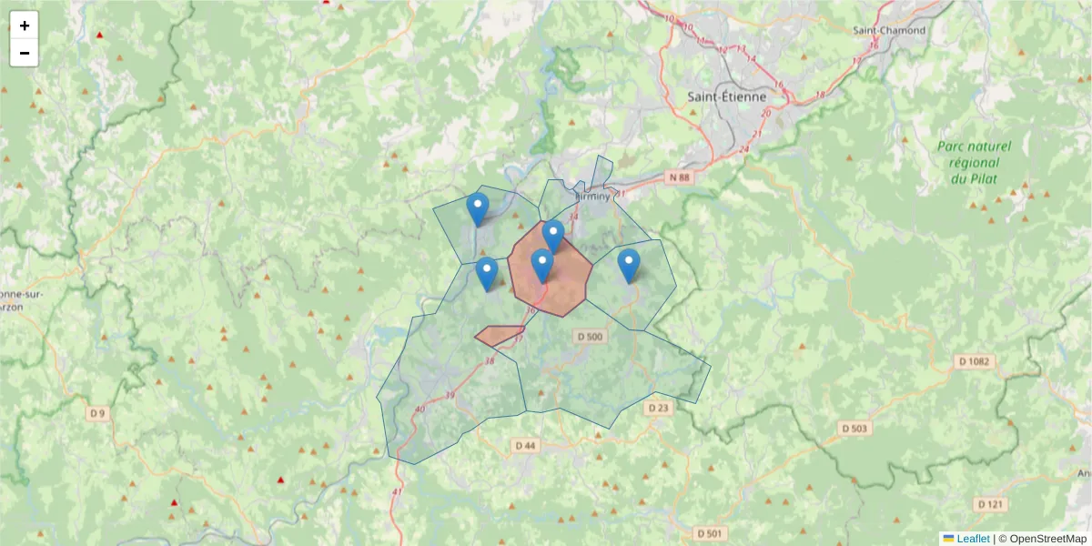 Carte de la zone du code postal  et des codes postaux voisins en France