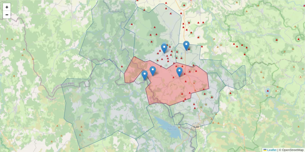 Carte de la zone du code postal  et des codes postaux voisins en France