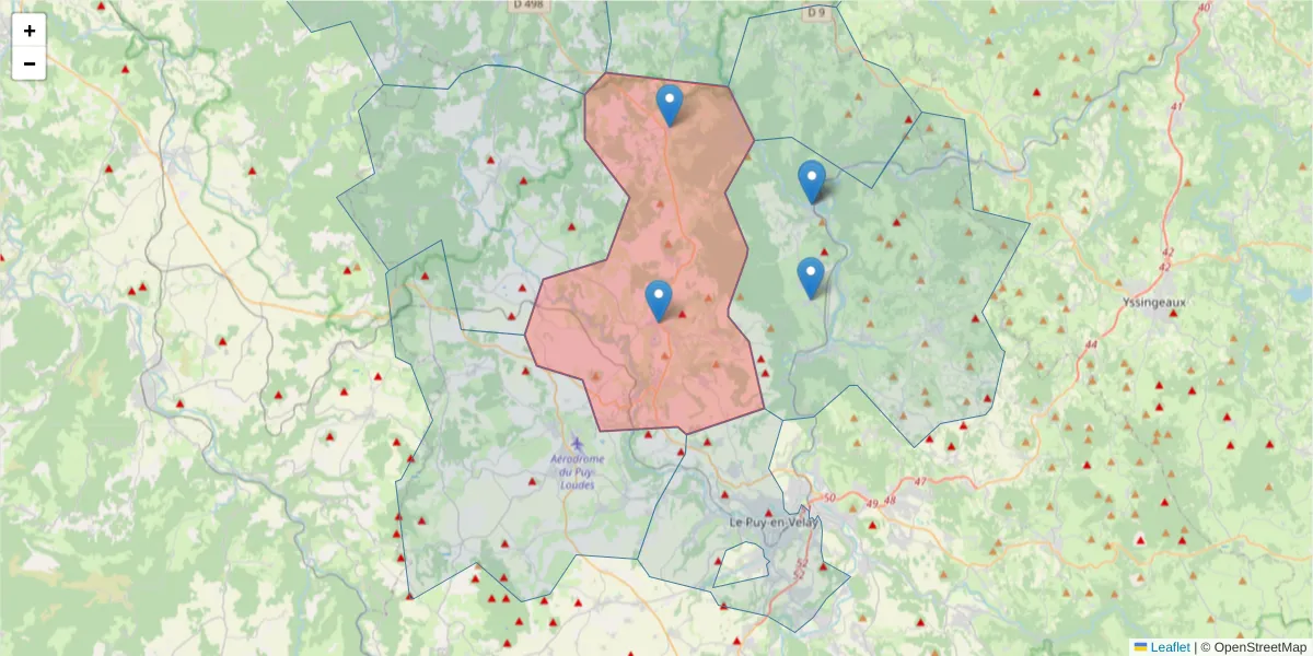 Carte de la zone du code postal  et des codes postaux voisins en France