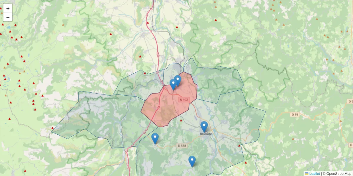 Carte de la zone du code postal  et des codes postaux voisins en France