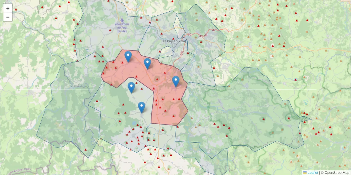 Carte de la zone du code postal  et des codes postaux voisins en France