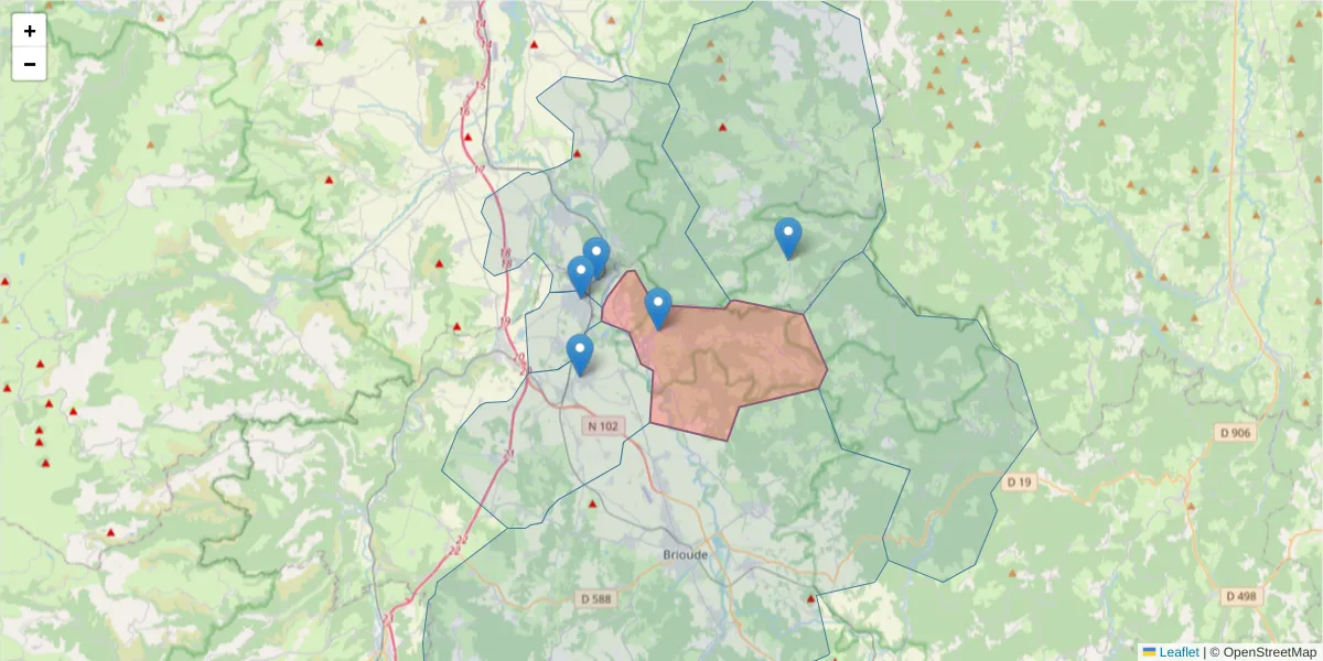 Carte de la zone du code postal  et des codes postaux voisins en France