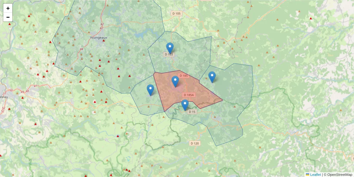 Carte de la zone du code postal  et des codes postaux voisins en France