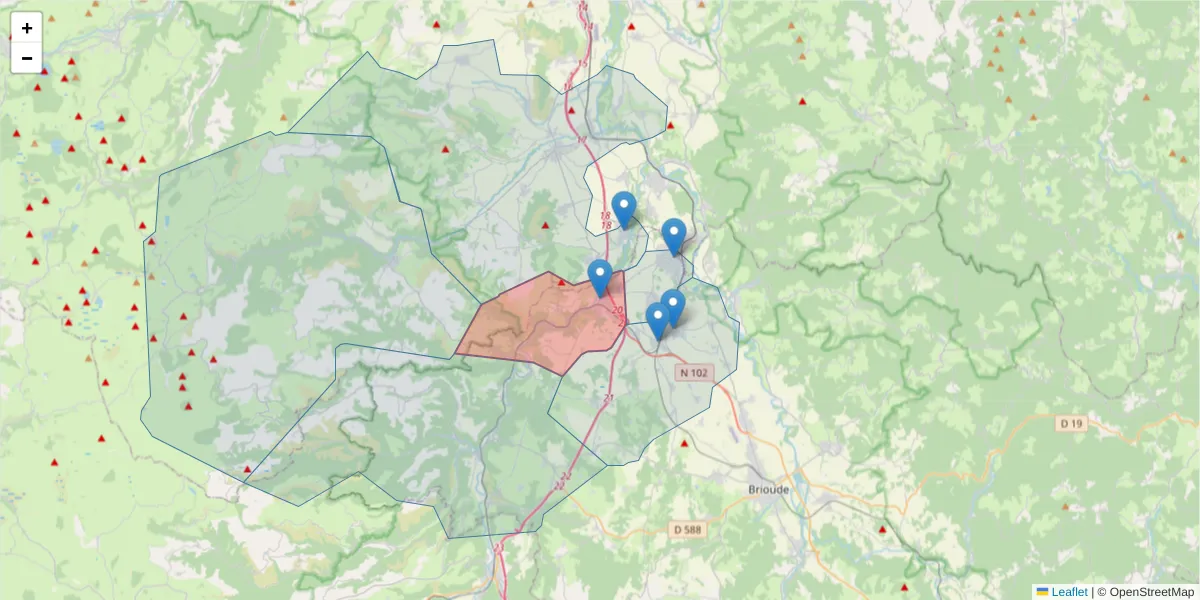 Carte de la zone du code postal  et des codes postaux voisins en France