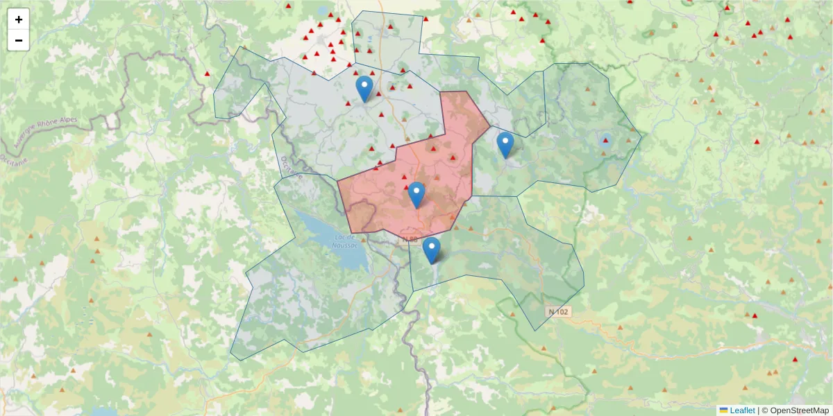 Carte de la zone du code postal  et des codes postaux voisins en France