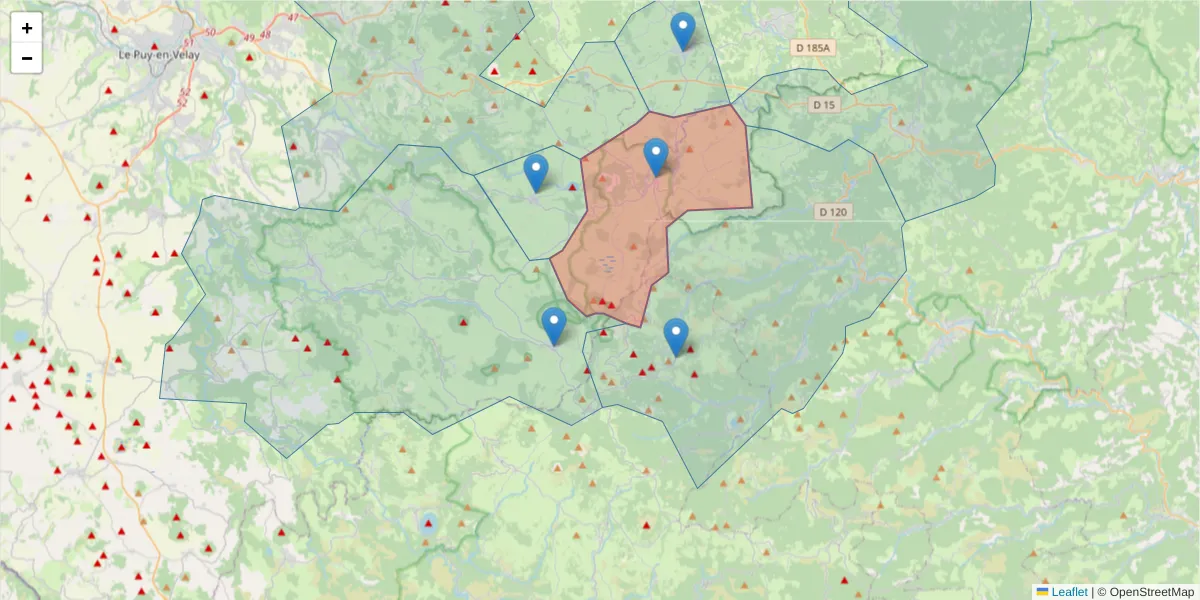 Carte de la zone du code postal  et des codes postaux voisins en France
