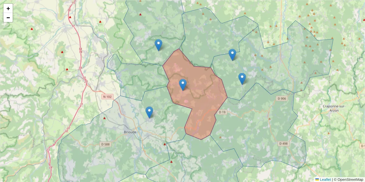 Carte de la zone du code postal  et des codes postaux voisins en France