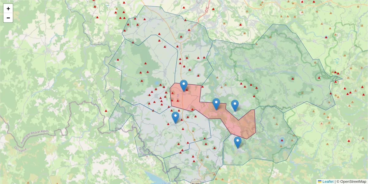 Carte de la zone du code postal  et des codes postaux voisins en France