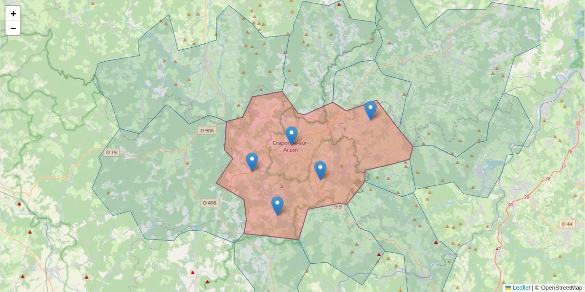 Carte de la zone du code postal  et des codes postaux voisins en France