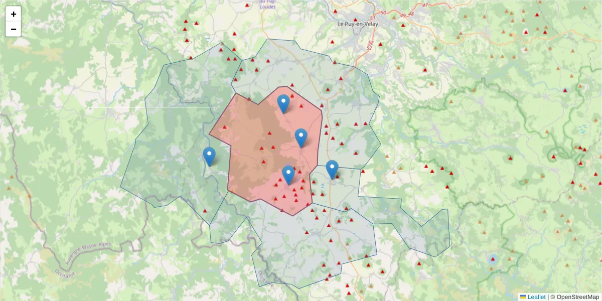 Carte de la zone du code postal  et des codes postaux voisins en France