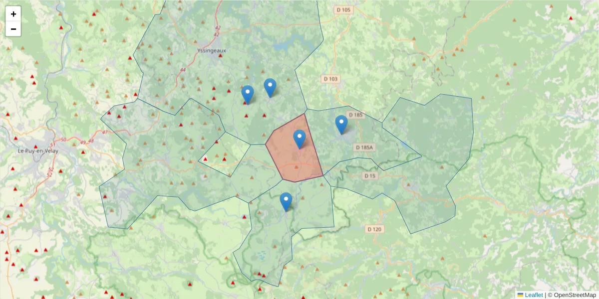 Carte de la zone du code postal  et des codes postaux voisins en France