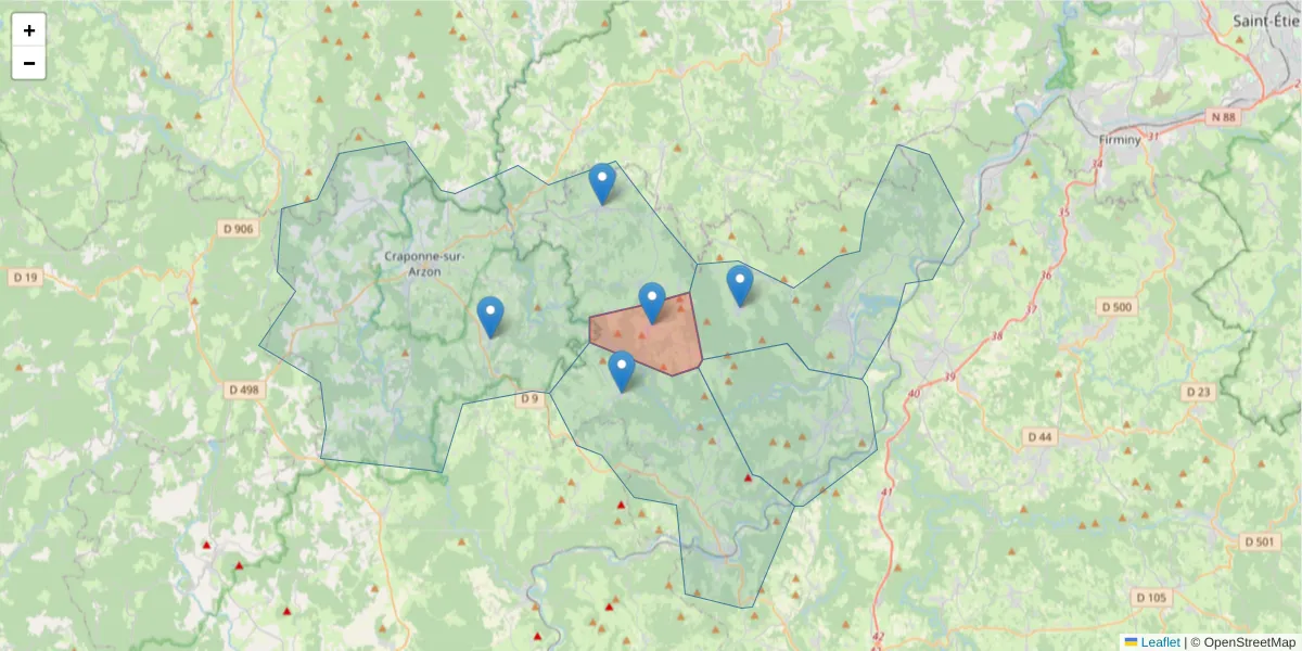 Carte de la zone du code postal  et des codes postaux voisins en France