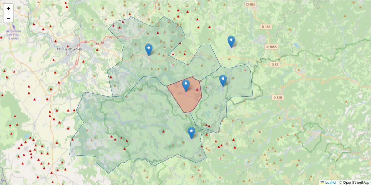 Carte de la zone du code postal  et des codes postaux voisins en France