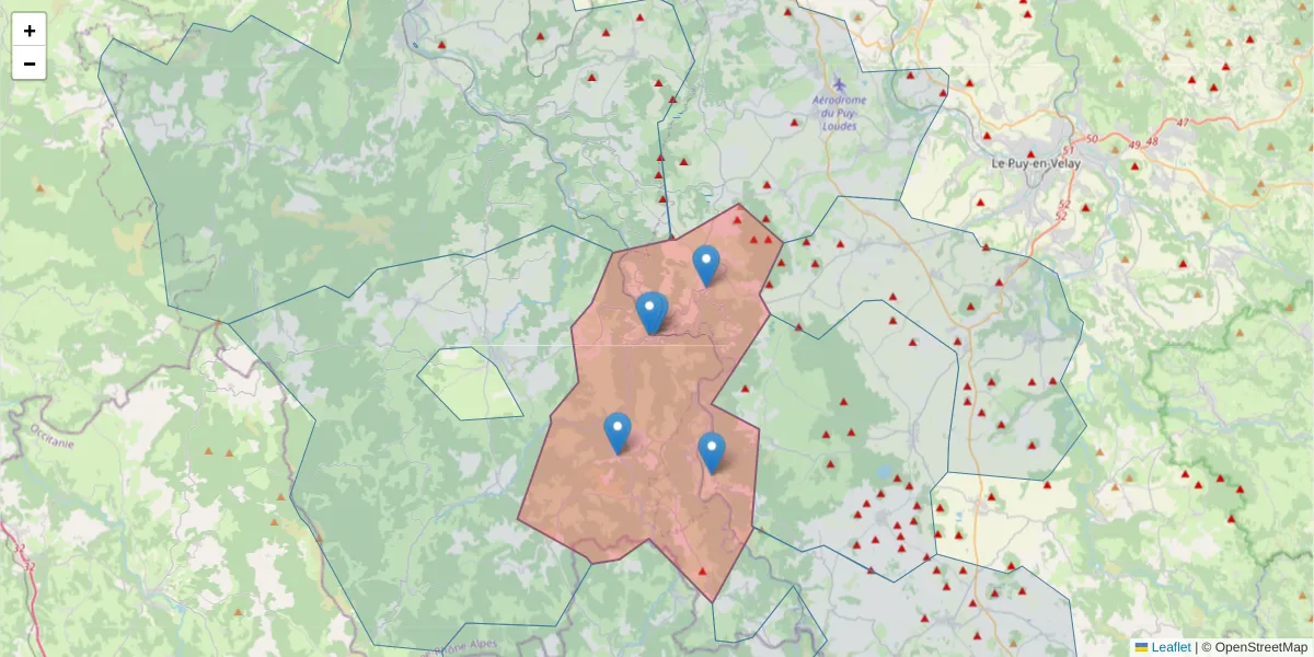Carte de la zone du code postal  et des codes postaux voisins en France