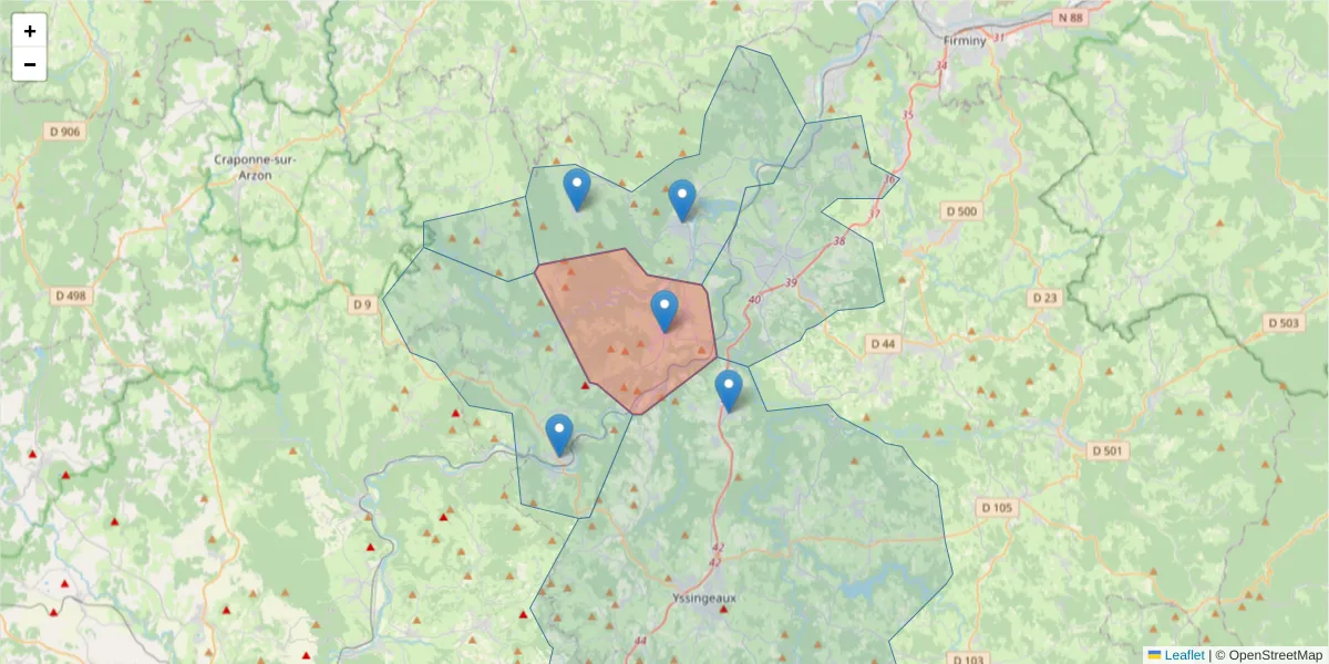 Carte de la zone du code postal  et des codes postaux voisins en France