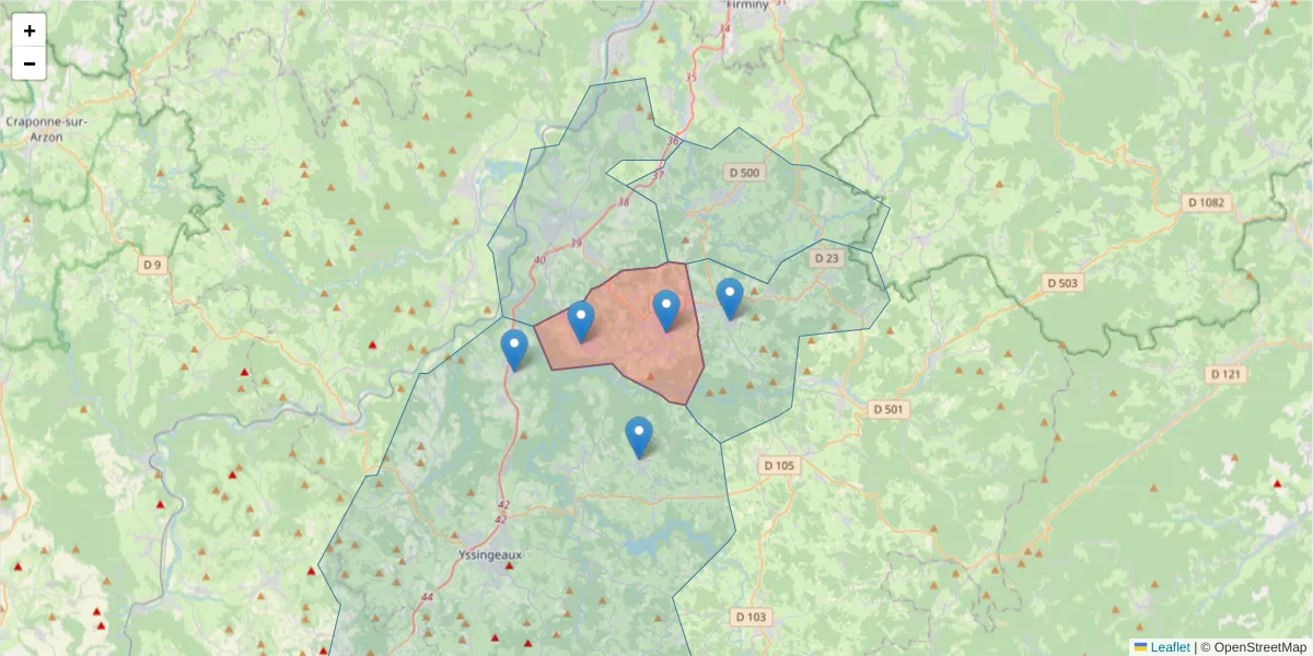 Carte de la zone du code postal  et des codes postaux voisins en France