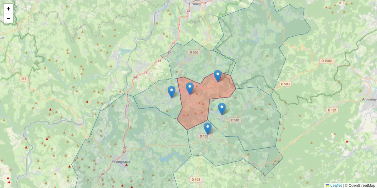 Carte de la zone du code postal  et des codes postaux voisins en France