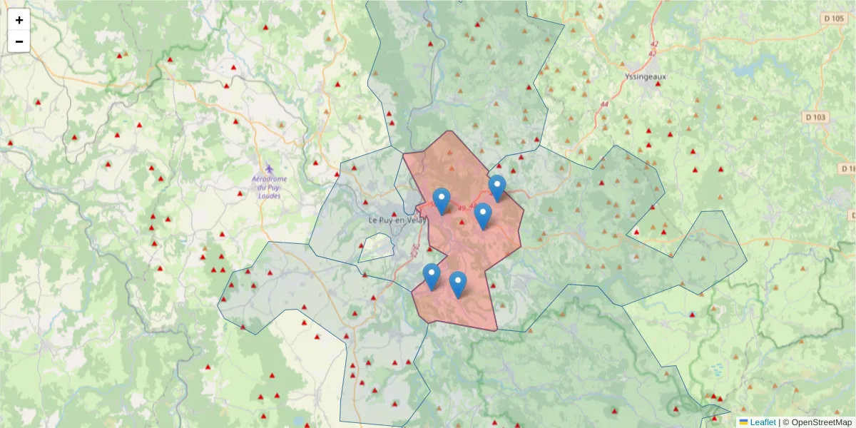 Carte de la zone du code postal  et des codes postaux voisins en France