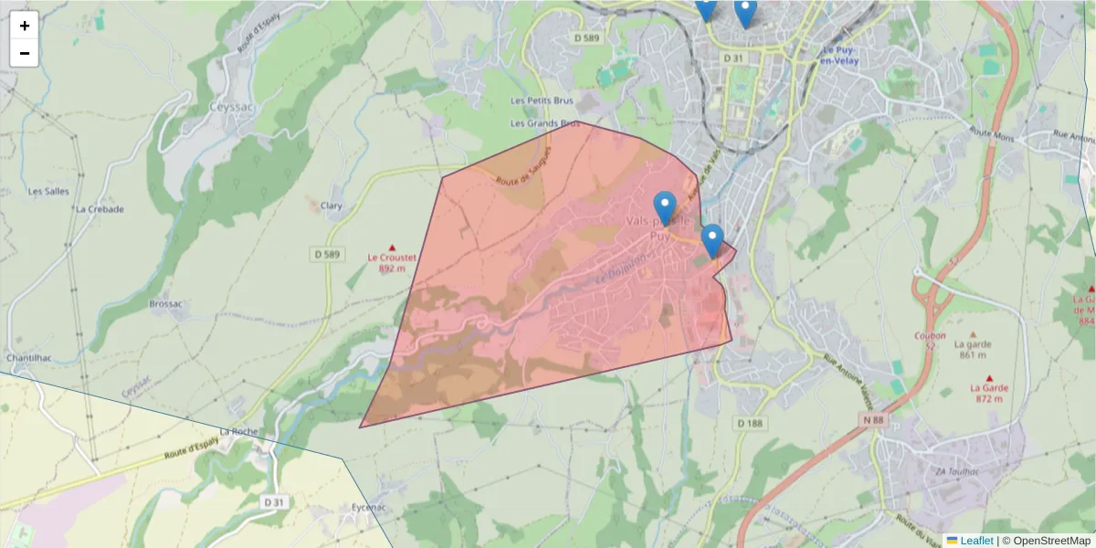 Carte de la zone du code postal  et des codes postaux voisins en France