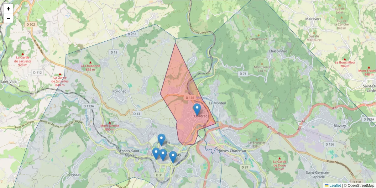 Carte de la zone du code postal  et des codes postaux voisins en France