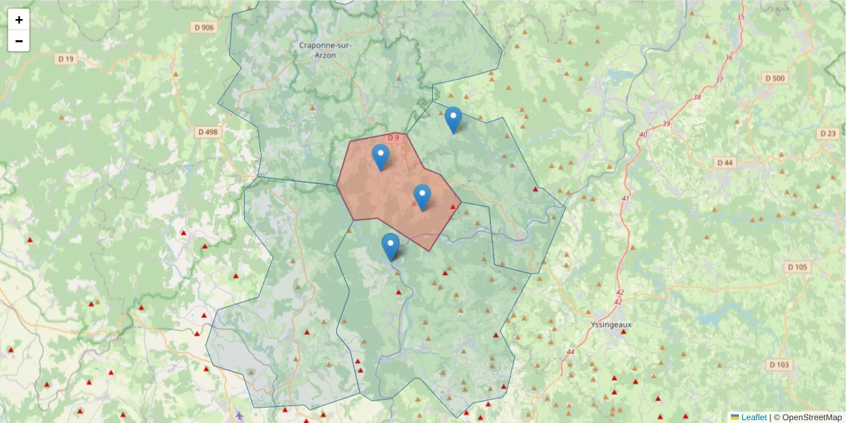 Carte de la zone du code postal  et des codes postaux voisins en France