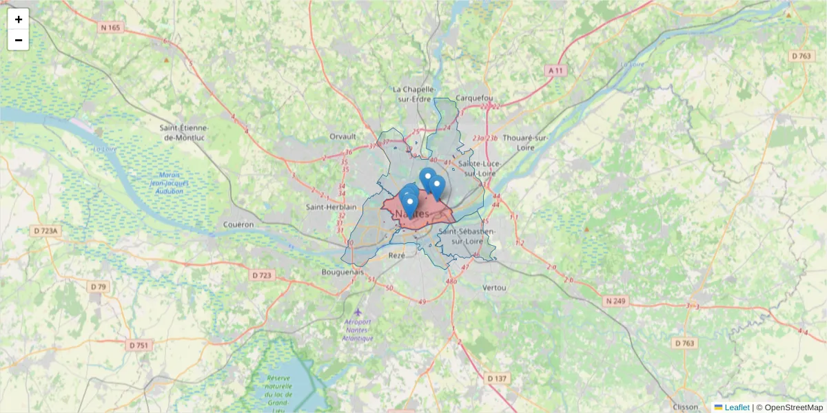 Carte de la zone du code postal  et des codes postaux voisins en France