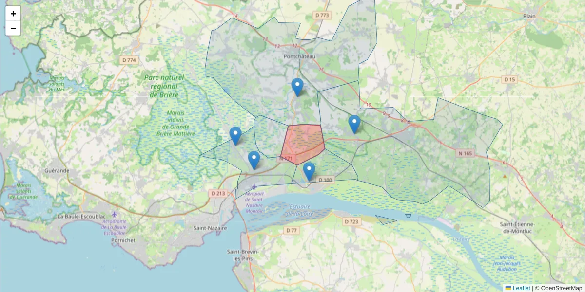 Carte de la zone du code postal  et des codes postaux voisins en France